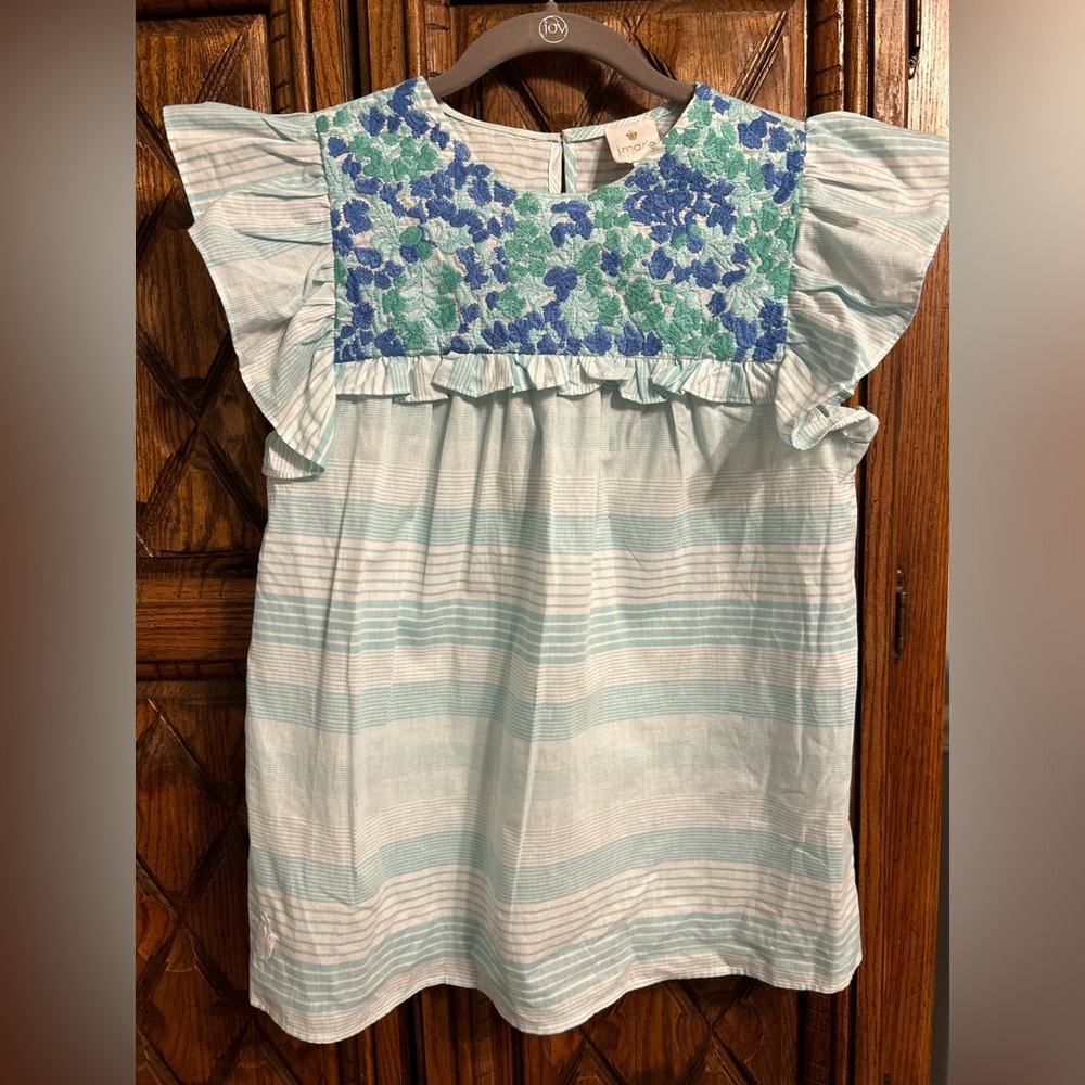 Light Blue Striped Floral Yoke Ruffle Blouse